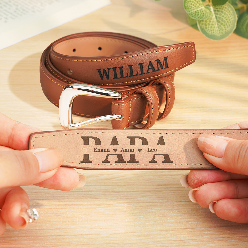 Stitching and tip detail of personalised PU leather men's belt with custom engraved name — high-quality finish for everyday wear