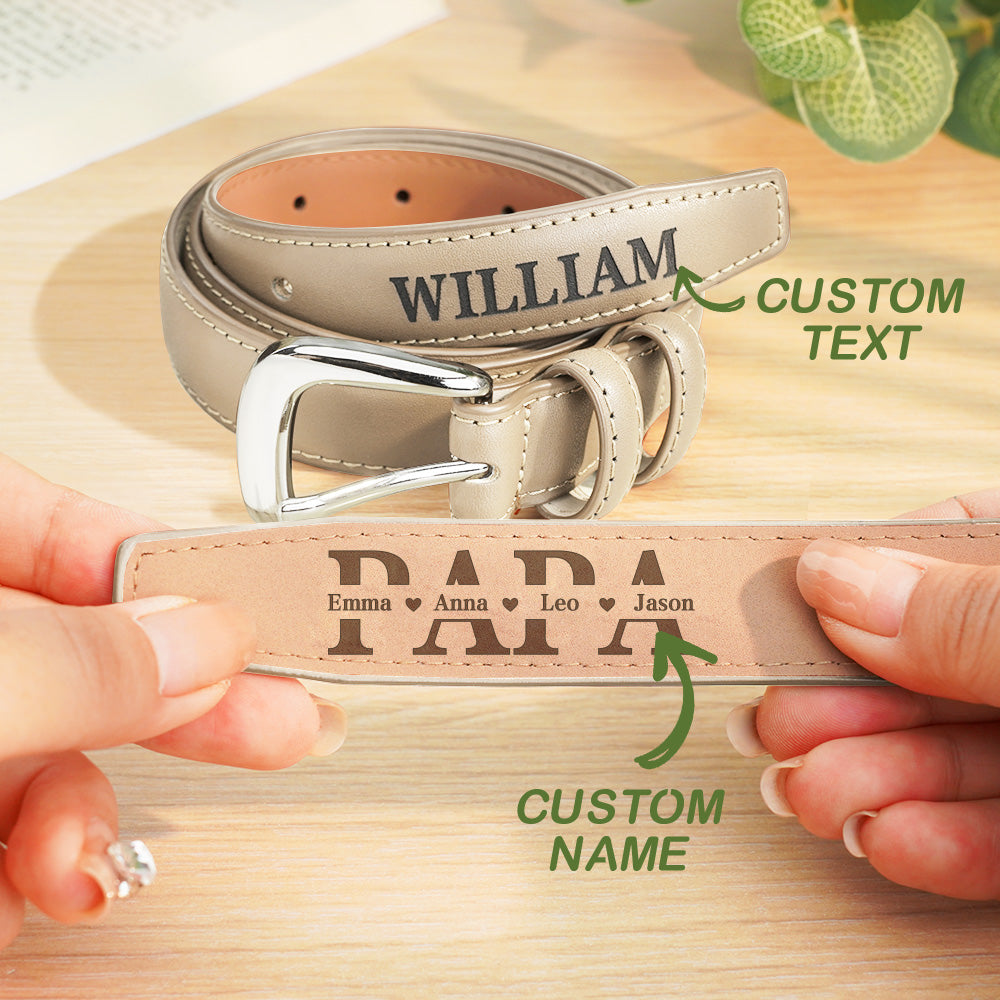 Selection of personalised PU leather belts with engraved names and alloy buckles — perfect gifts for dad and birthday ideas