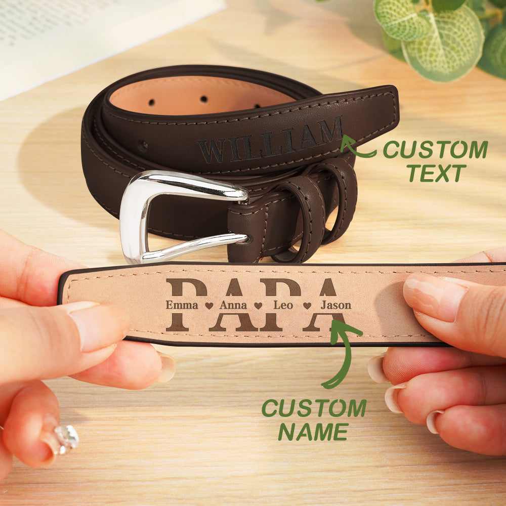 Lifestyle shot of a man wearing a personalised PU leather belt with engraved name — thoughtful Father's Day gift idea