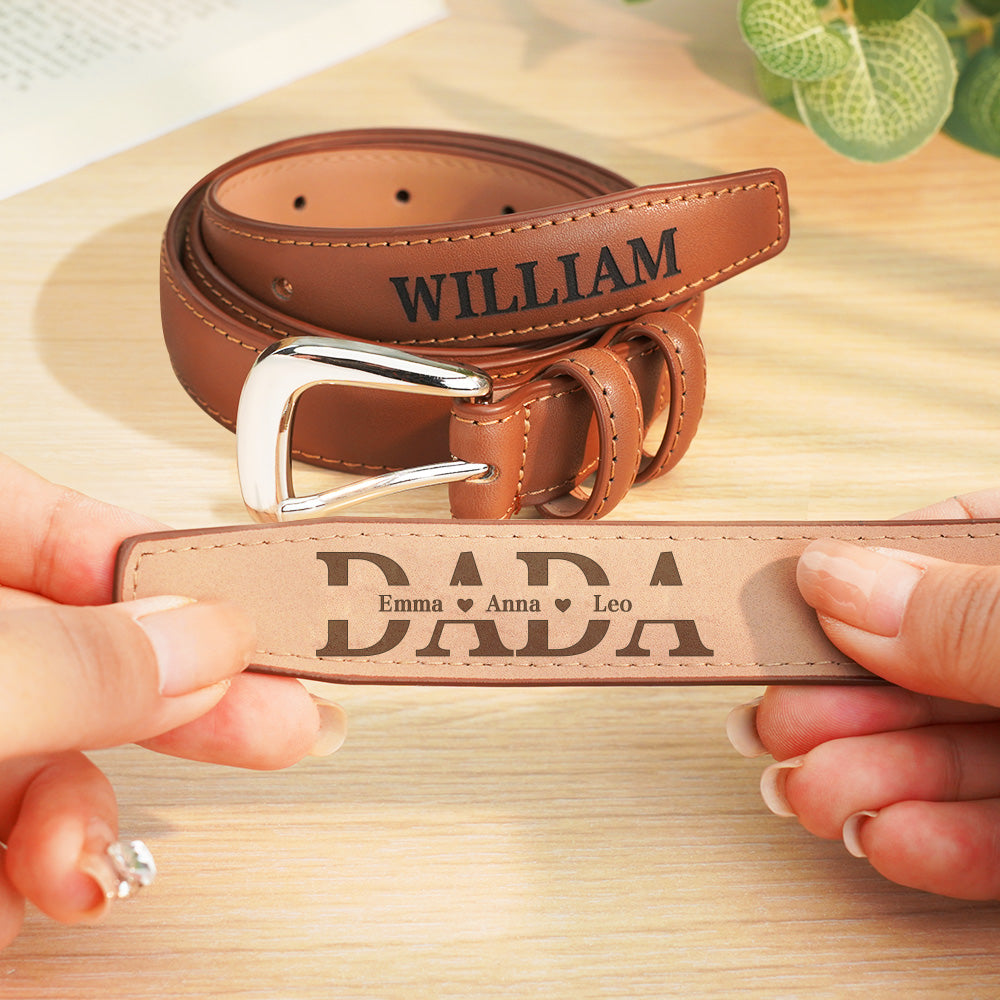 Belt coiled with engraved name visible and alloy buckle — personalised accessory for Father's Day or birthdays