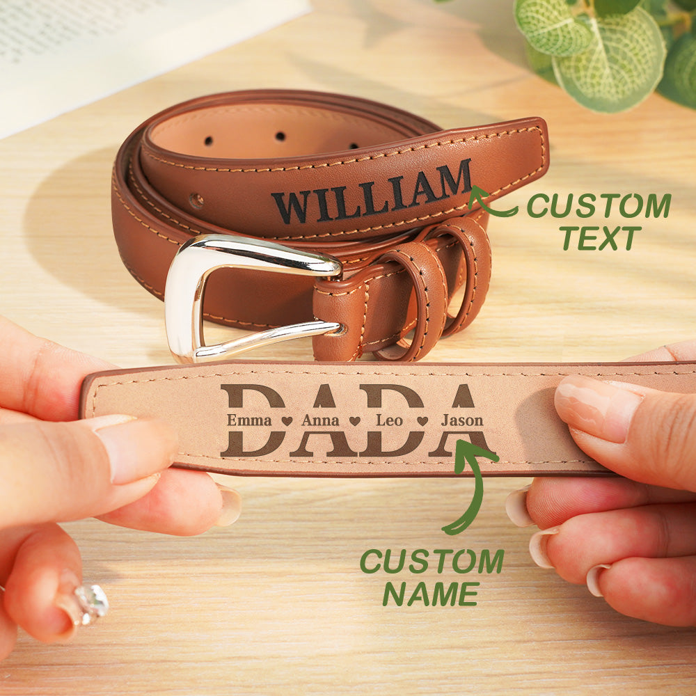 Close-up of engraved lettering on PU leather belt with subtle grain texture — premium-looking personalised gift