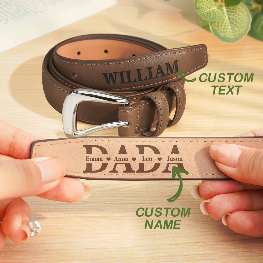 Belt unrolled to display engraving length and alloy buckle — personalised men's accessory, great engraved gift