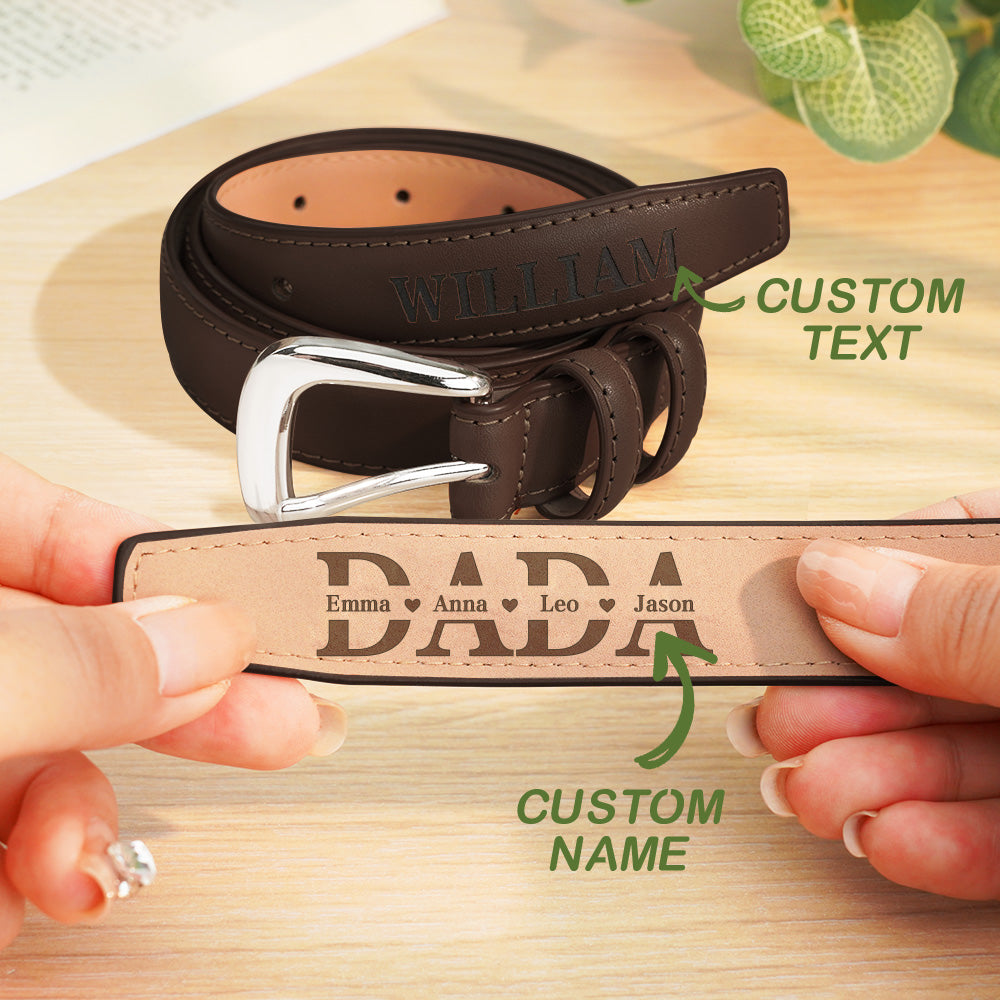 Close-up of engraved name beside buckle on personalised belt — durable PU leather with precise engraving