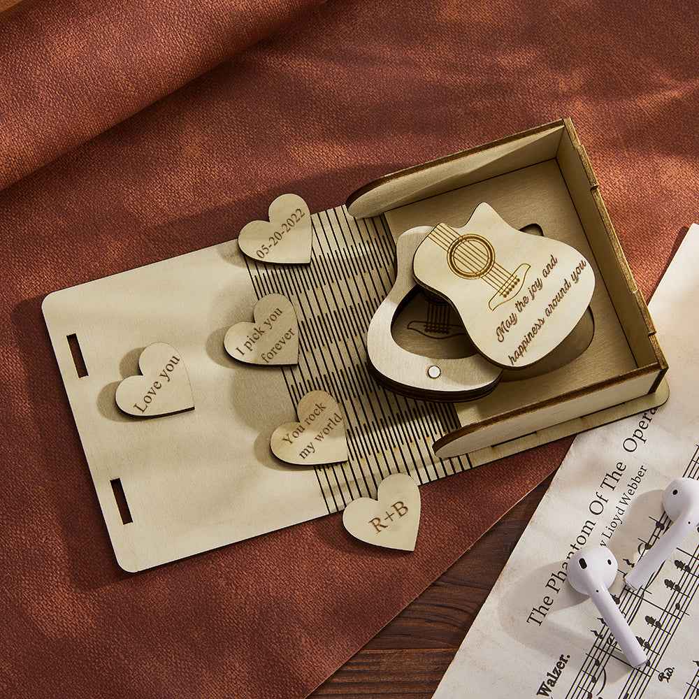 Custom Heart Guitar Picks with Guitar Shaped Box Personalized Wooden Box Valentine's Day Gifts