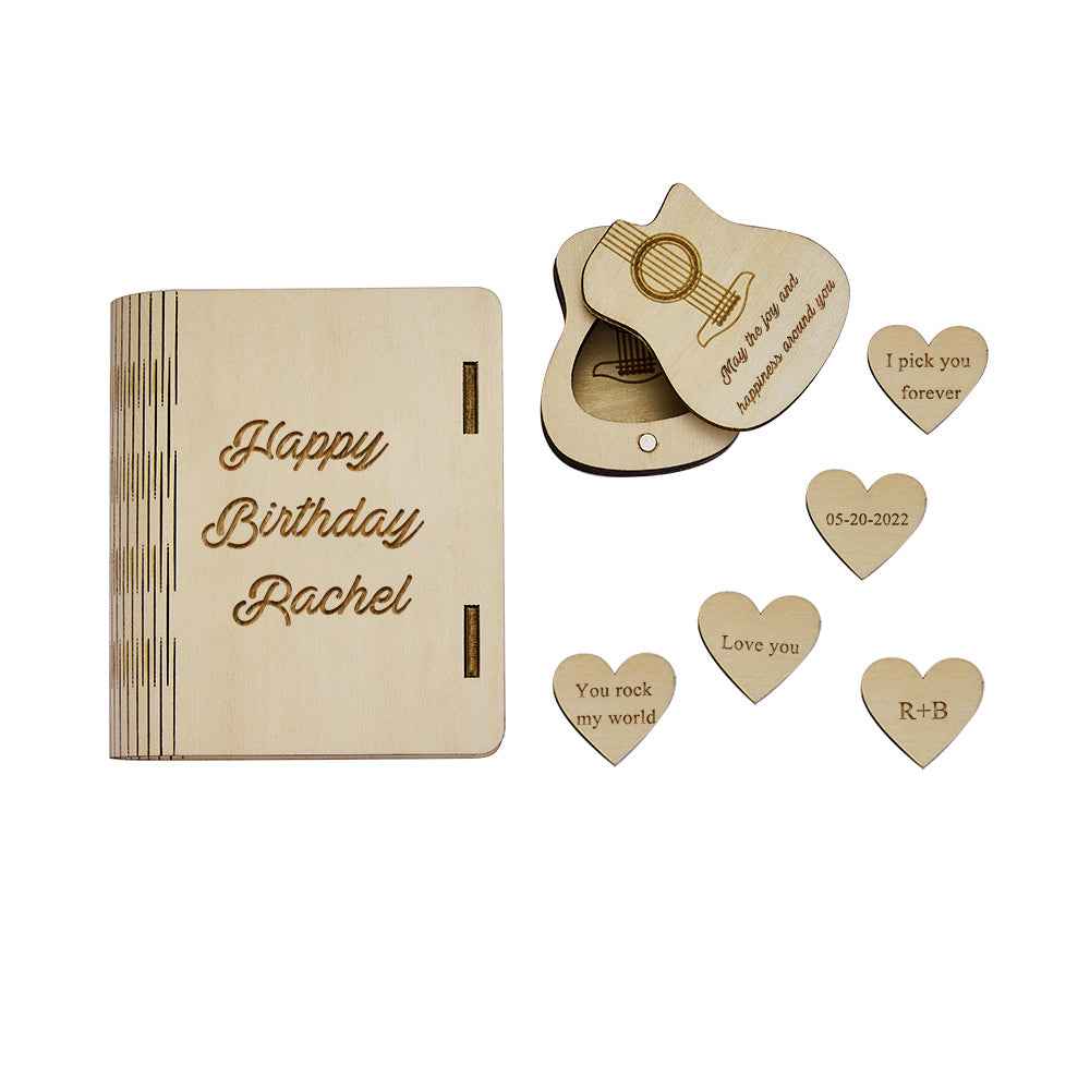 Custom Heart Guitar Picks with Guitar Shaped Box Personalized Wooden Box Valentine's Day Gifts