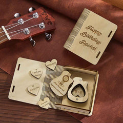 Custom Heart Guitar Picks with Guitar Shaped Box Personalized Wooden Box Valentine's Day Gifts