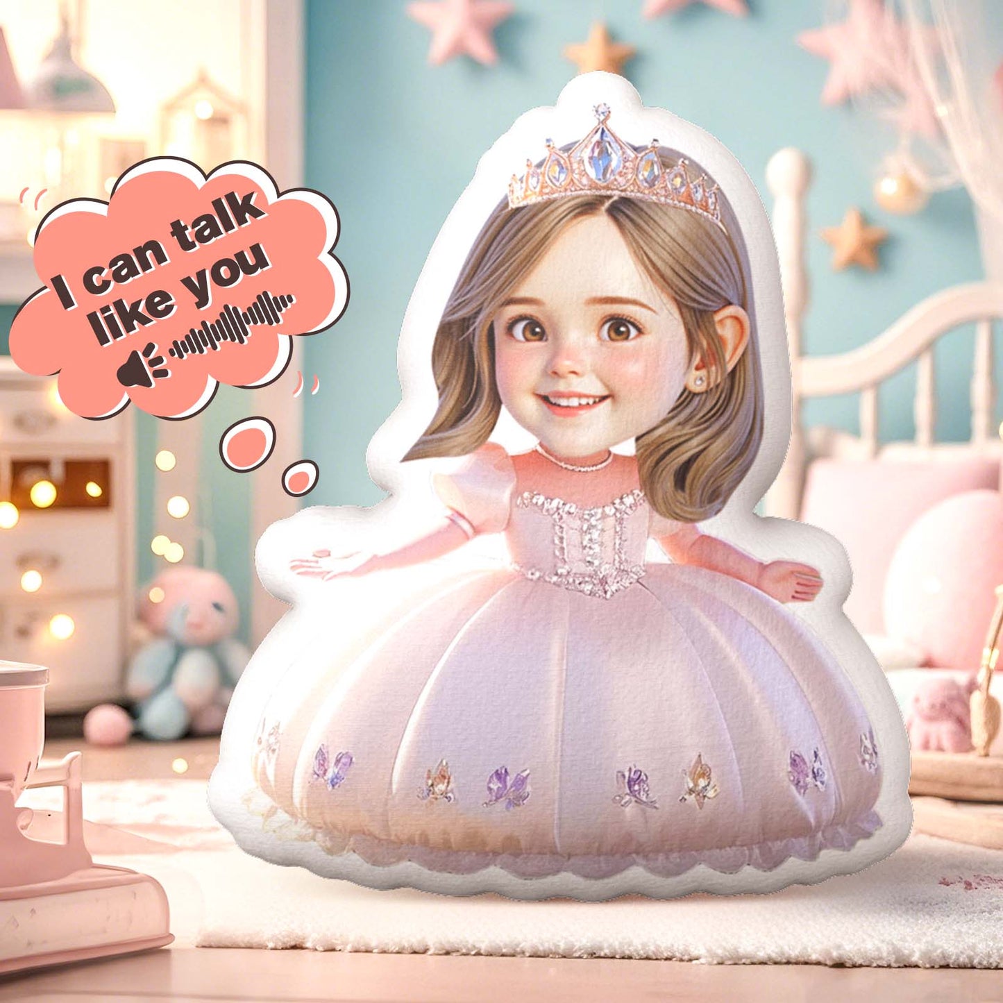 Personalised Head Recording Soothing Doll front view with custom face photo — soft fabric custom comfort toy that plays your recorded message