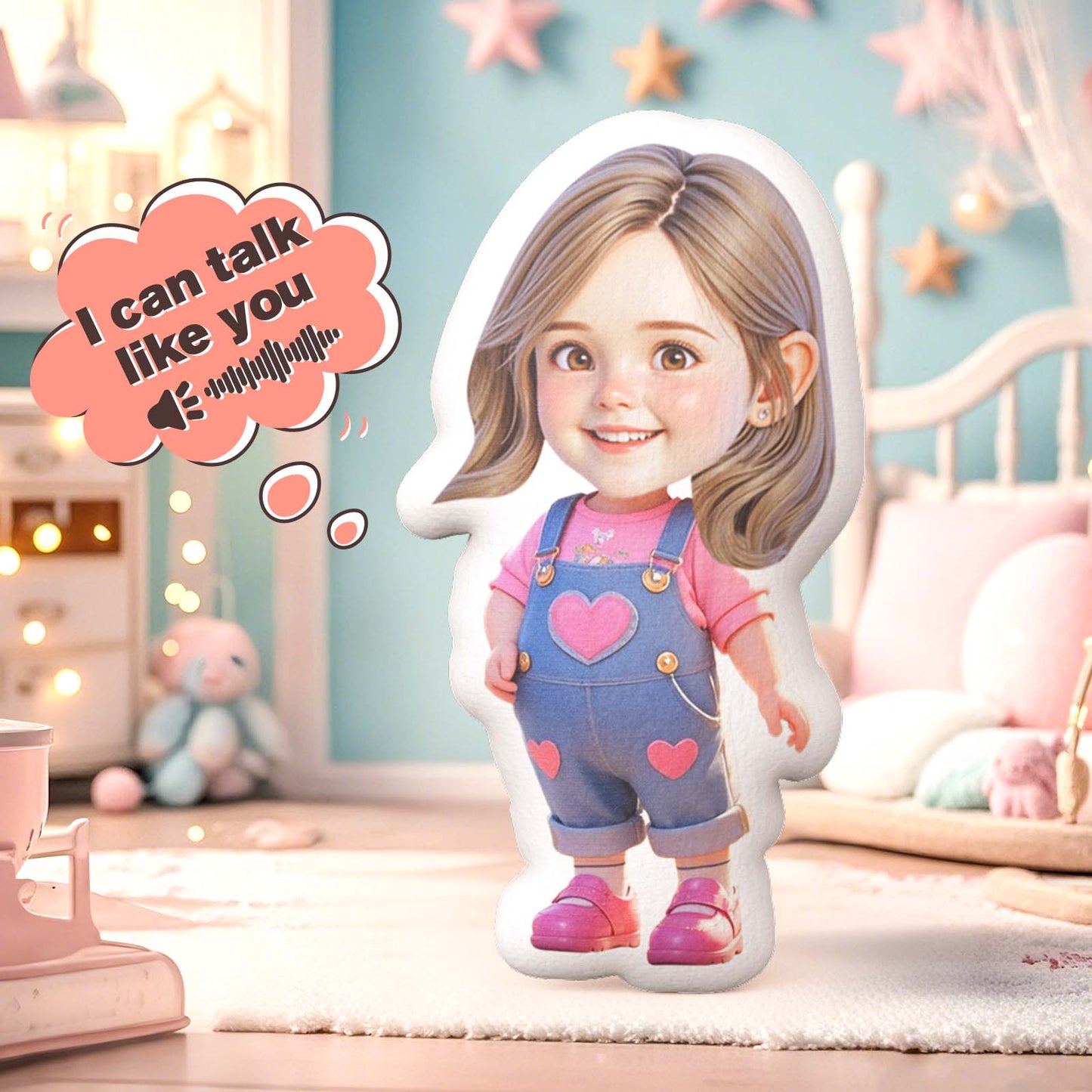 Close-up of the recording module and speaker in the Personalised Head Recording Soothing Doll — plays a short voice message when hugged