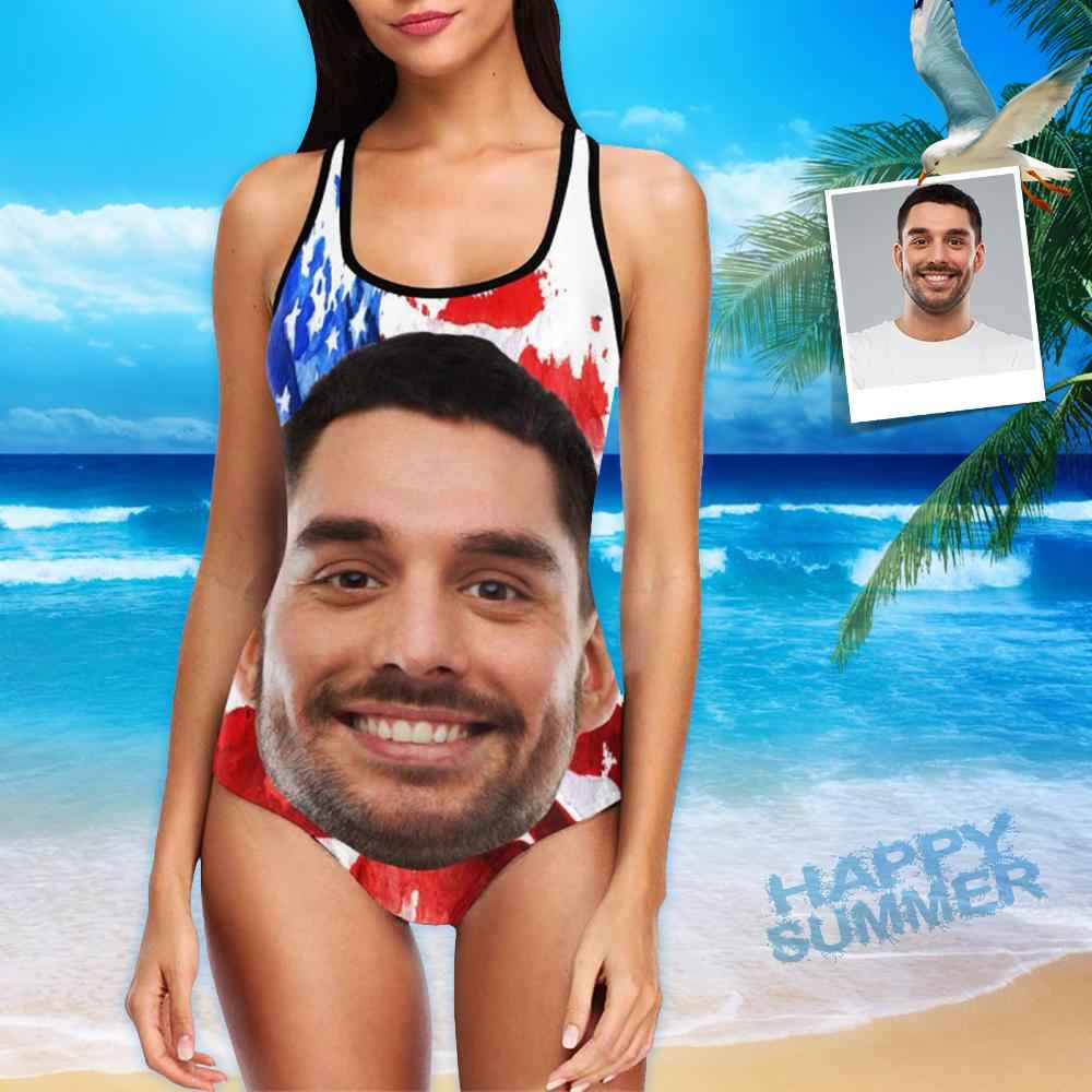 Custom Swimwear Boyfriend Face One Piece Bathing Suit Husband Face American Flag Swimsuit