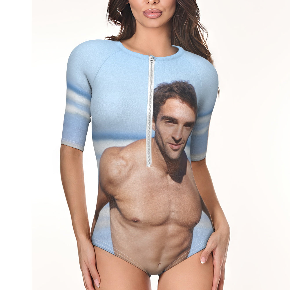 Front view of personalised women's one-piece swimwear with custom photo print — custom photo half-sleeve swimsuit perfect as a unique gift
