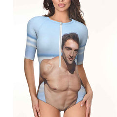 Custom Photo Half Sleeve Swimsuit One Piece Swimwear Personalized Women's Half Sleeve Swimsuit