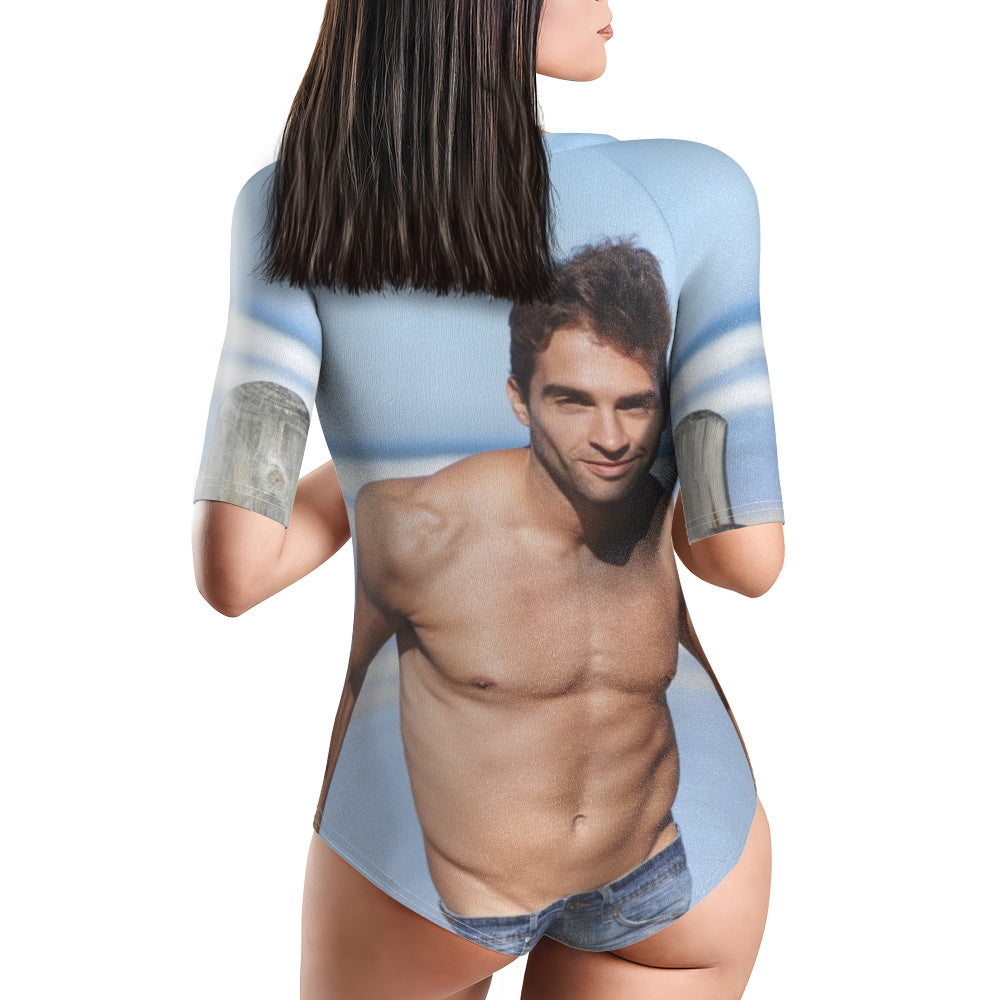 Side view of custom photo half-sleeve swimsuit showing flattering cut and all-over personalised print — perfect for holidays and pool days