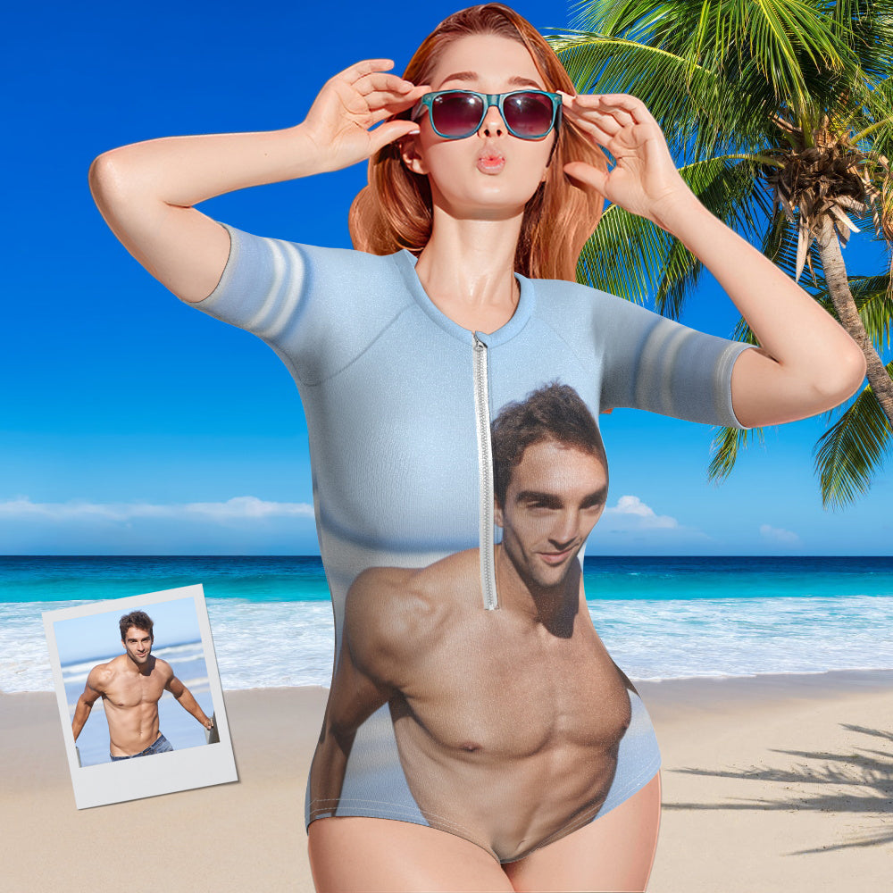Close-up of superfine polyester personalised swimsuit fabric and half sleeve, highlighting vibrant full-colour custom photo print for personalised women's one-piece swimwear