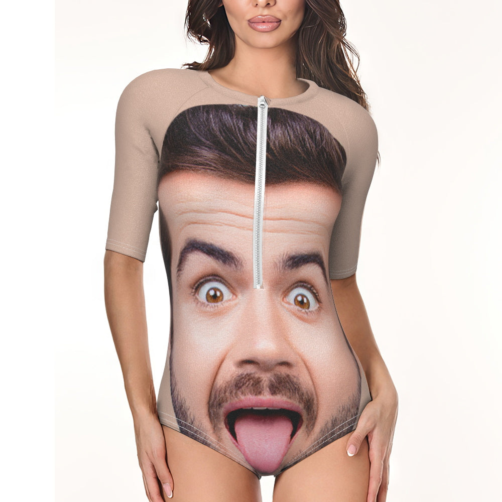 Side view of personalised custom face one-piece swimsuit showing half sleeve and fit — custom face swimsuit for beach and pool days