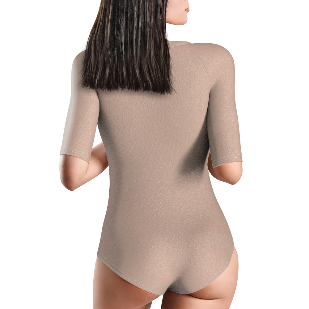 Back view of personalised one-piece swimsuit with half sleeve and clean seams — comfortable superfine polyester personalised swimwear