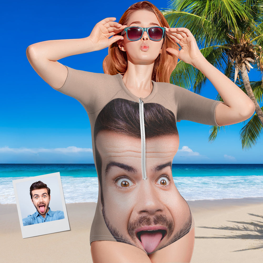 Close-up of high-resolution custom face print and superfine polyester texture on personalised one-piece swimsuit — vivid, durable print