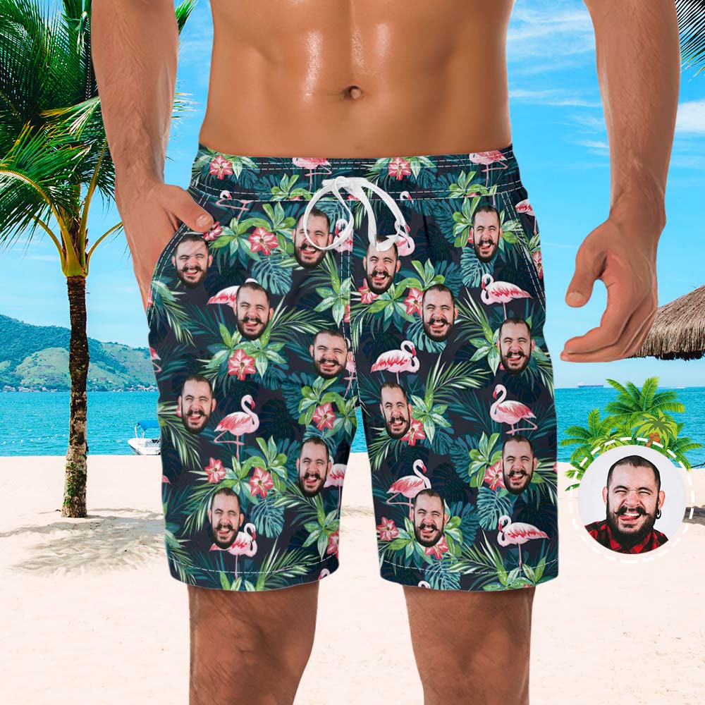 Men's Personalised Flamingo Beach Shorts — front view of custom face swim trunks in vibrant Hawaii style with playful flamingos; 100% polyester, fast-drying personalised face beach shorts, ideal novelty gift for him