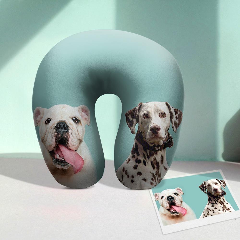Memory-foam travel neck pillow shown with removable cover and clear print on the case.