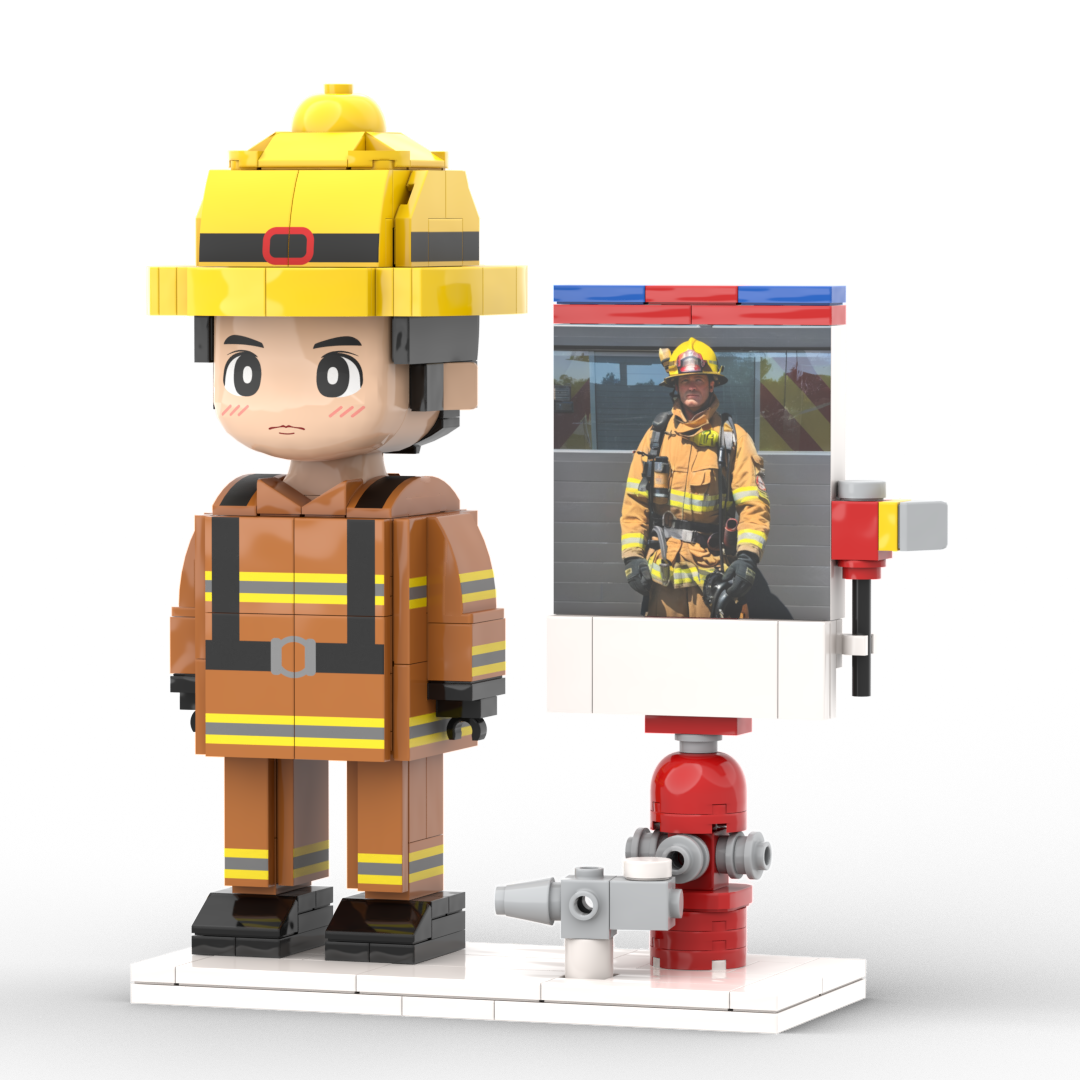 Face close‑up showing Light Nougat skin tone and customised hairstyle on a personalised firefighter figure — custom brick figure made from your photo