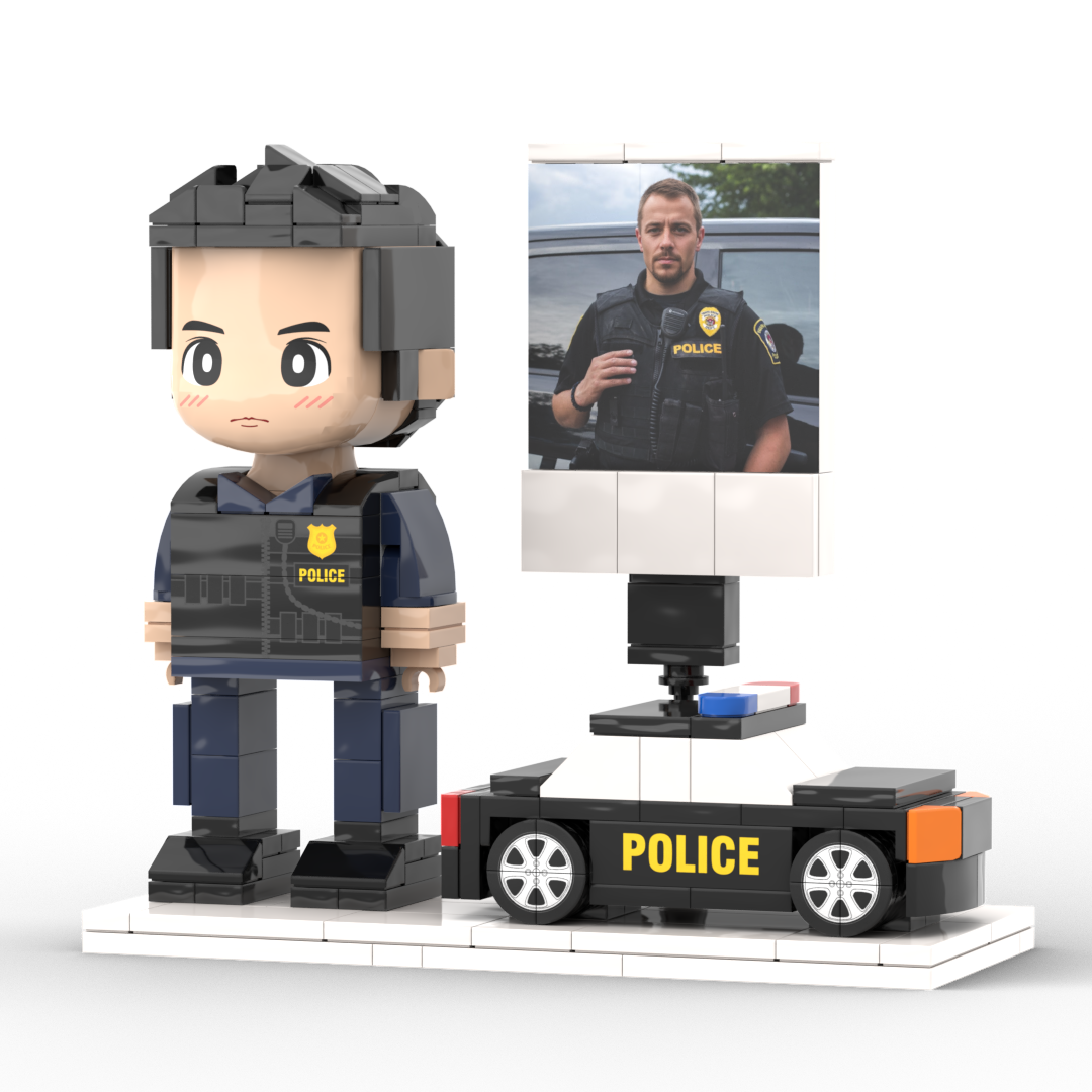 Collection of customised brick-style mini figures demonstrating variation in personalised police-theme designs — perfect keepsake presents