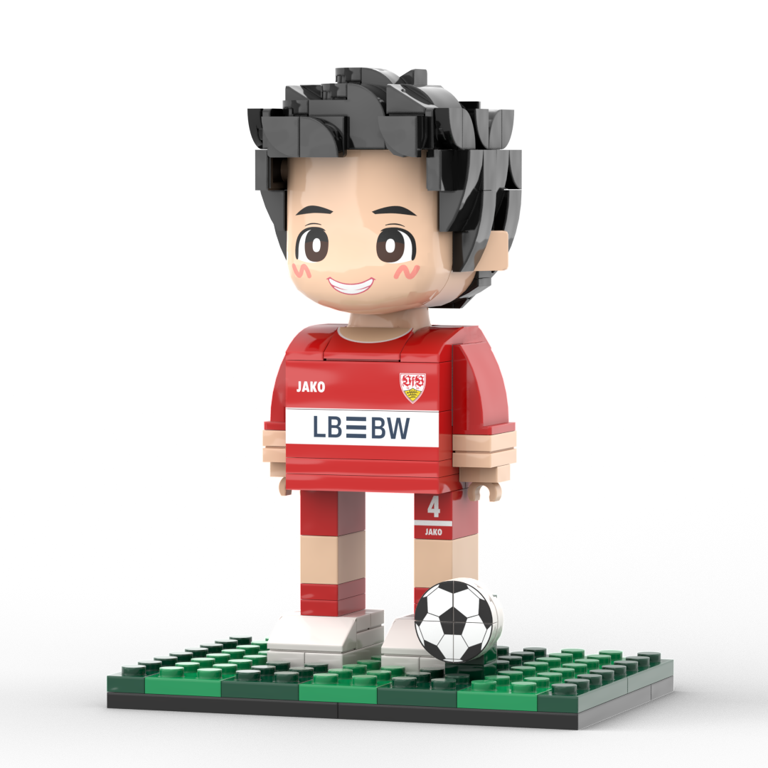 Packshot of personalised full-body brick figure with custom hairstyle and kit – ideal personalised ornament for coaches, teammates and fans