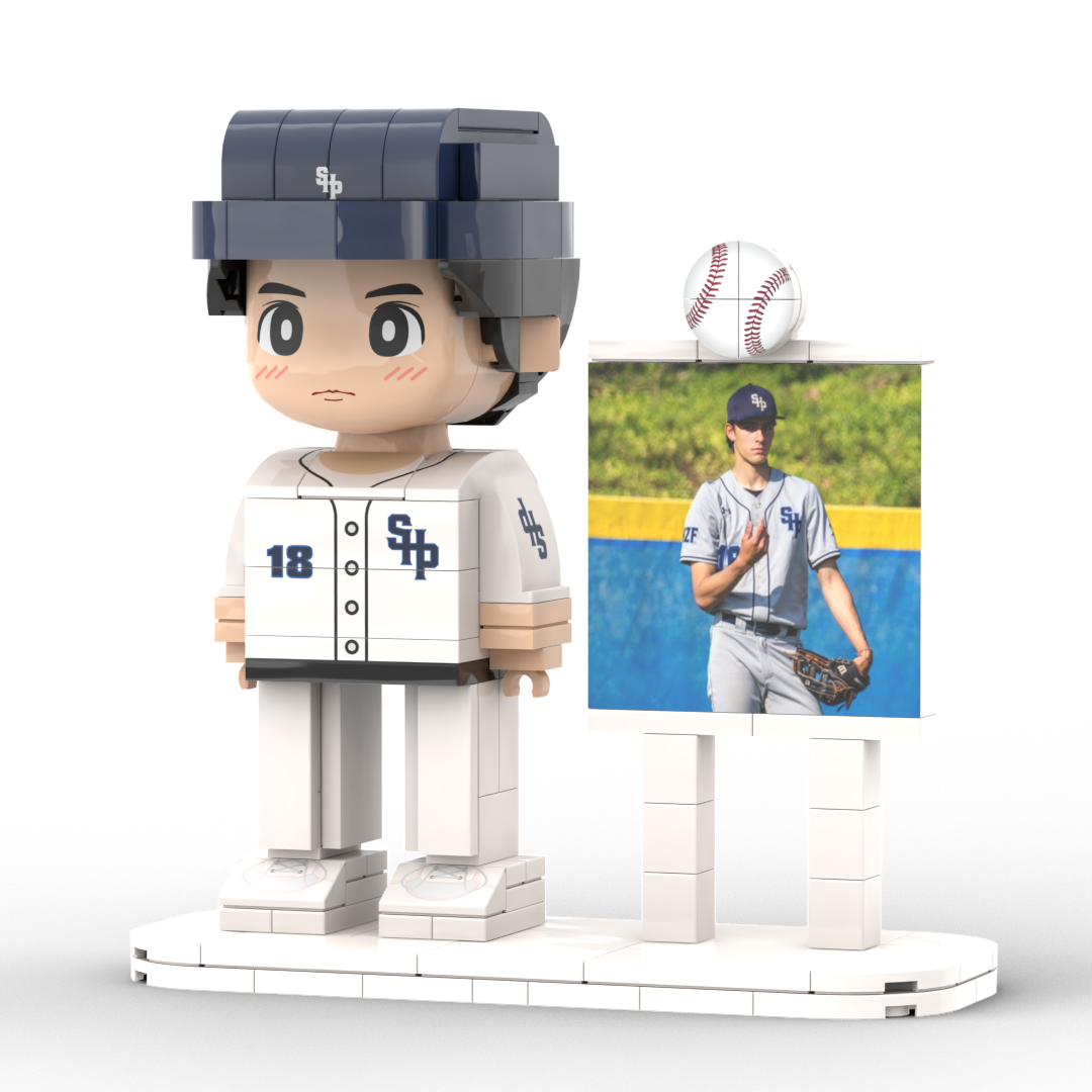 Before-and-after comparison: original photo alongside final personalised brick figure (baseball theme) demonstrating photo-to-figure customisation