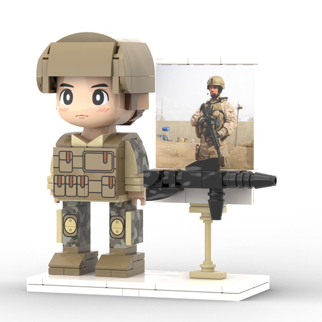 Photo-to-figure comparison showing original photo beside the finished personalised soldier brick figure — custom one-person keepsake process