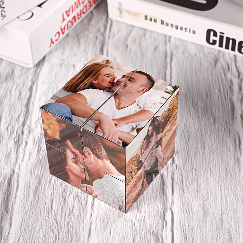Wooden personalised photo cube with crisp printed images and natural finish — bespoke keepsake gift for him