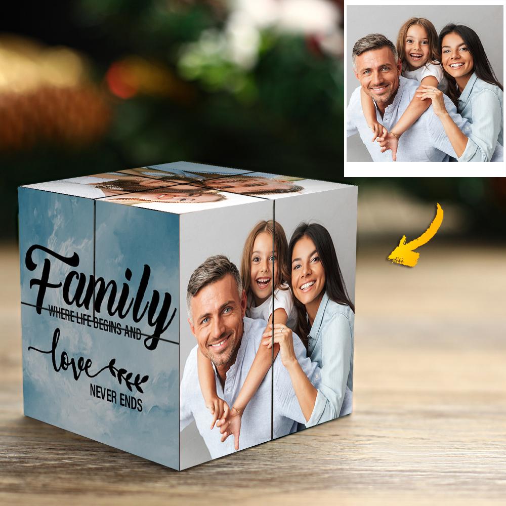 Personalised Photo Magic Cube front view displaying family photos with a subtle sketch effect — custom multiphoto frame gift and compact handmade keepsake