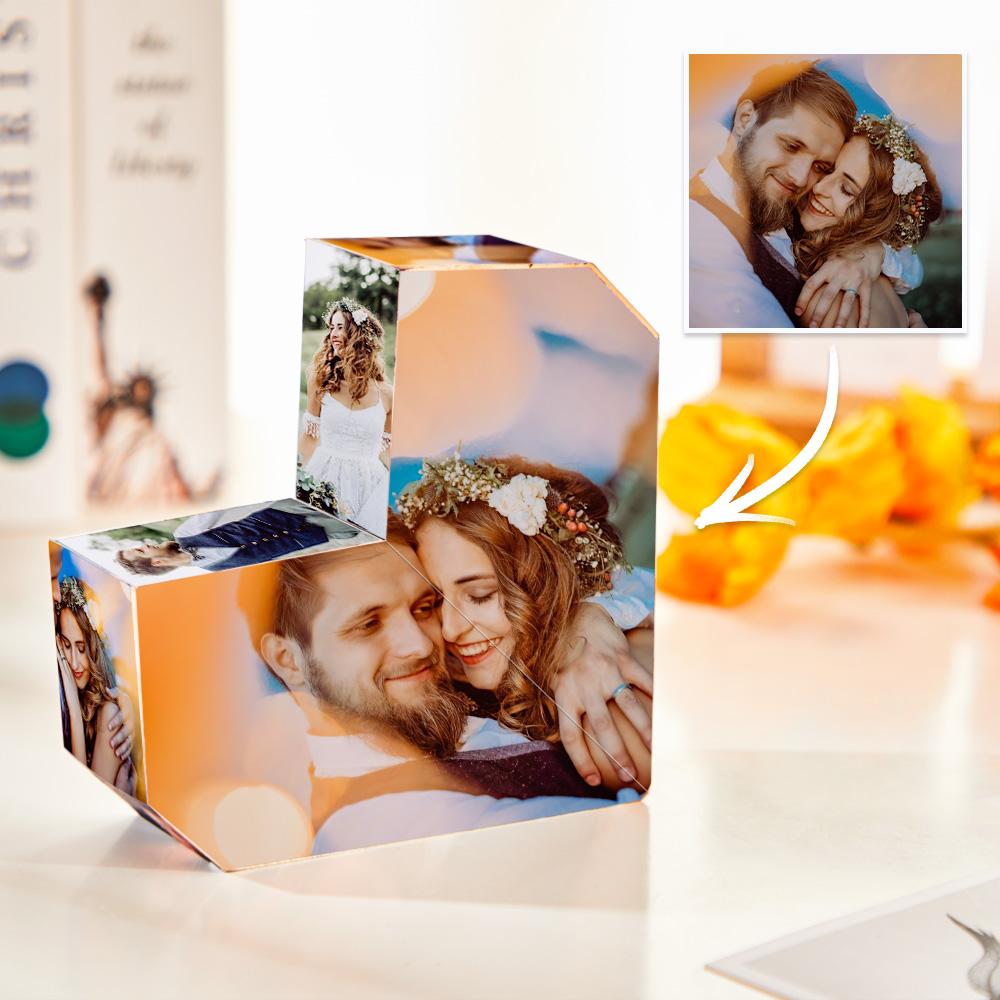 Close-up of plastic Rubik's-style infinity cube showing high-quality photo print and smooth folding action — custom photo cube for personalised presents