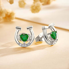 Personalised Horseshoe Stud Earrings with Heart Birthstone & Zircon | Unique Gift for Horse Lovers