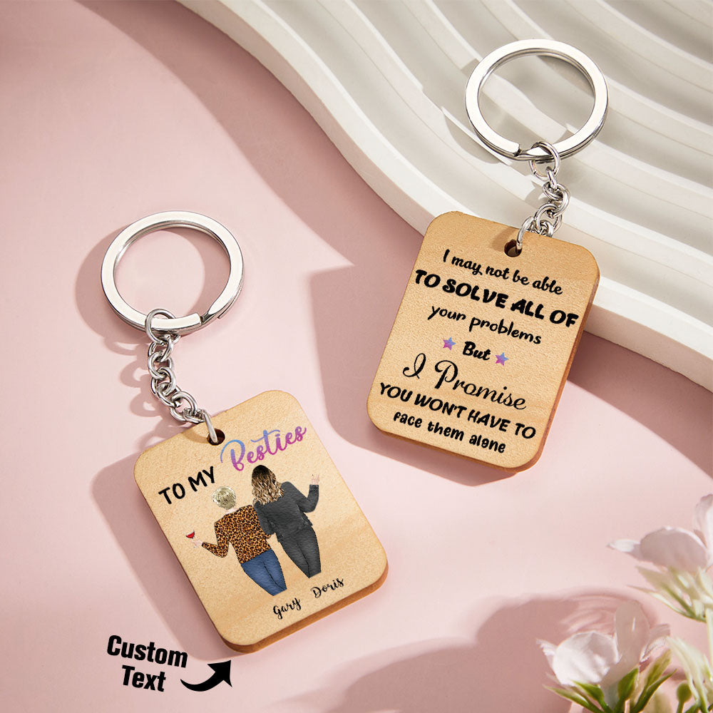 Wooden personalised cartoon back-view keyring on a bag — custom engraved keychain ideal as a personalised graduation gift or Mother's Day present