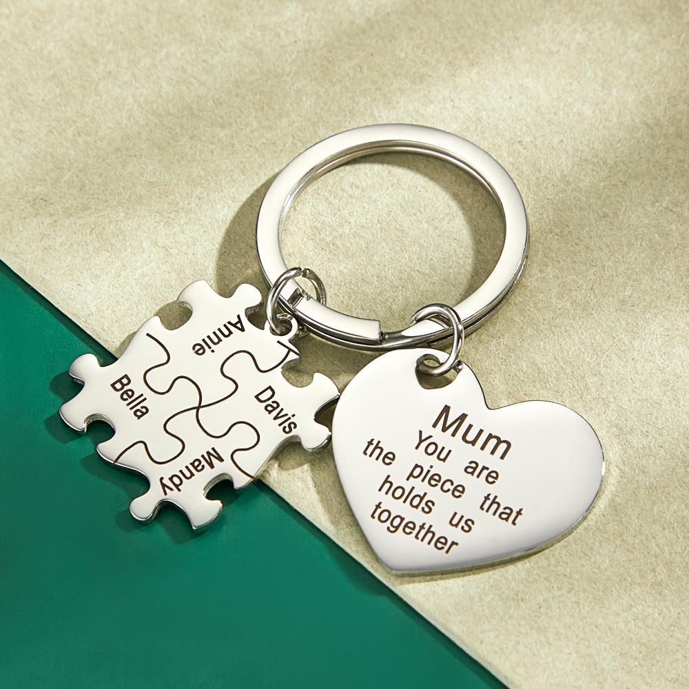 Close-up of precision engraving on personalised puzzle heart keyring with custom name — engraved keepsake keychain detail