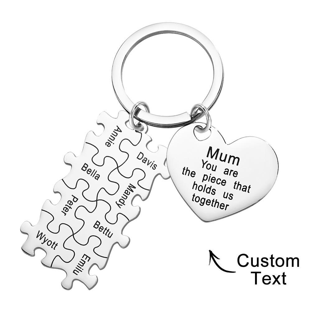 Reverse view of personalised puzzle heart keyring with space for a short engraved message or date — custom keychain gift idea