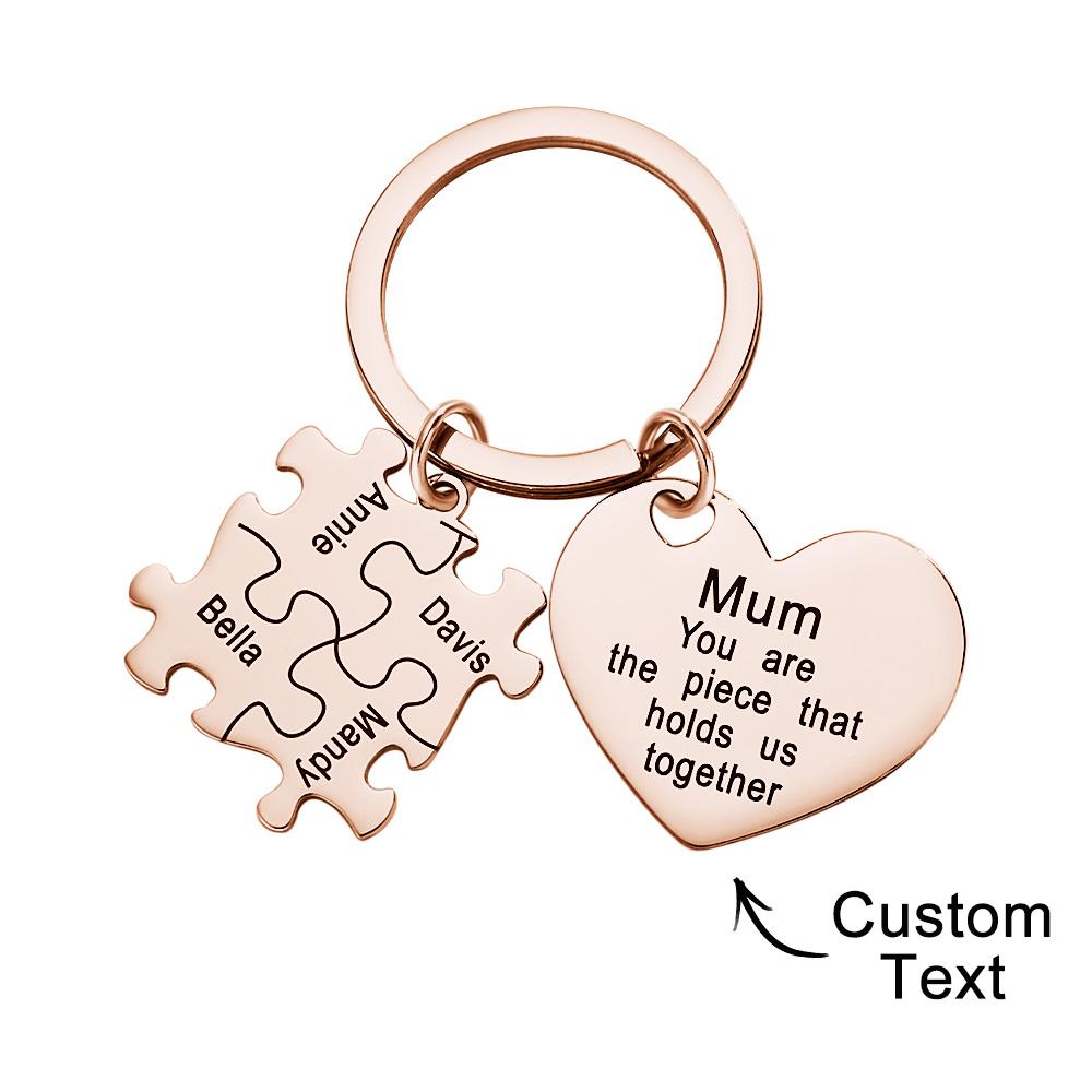 Mother receiving a personalised engraved puzzle heart keyring as a heartfelt Mother's Day gift — custom keepsake moment
