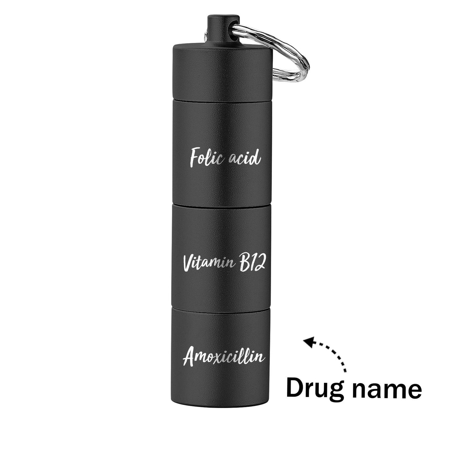 Custom engraved pill box keyring — compact, portable three‑stack personalised pill box keychain with engraved keyring detail