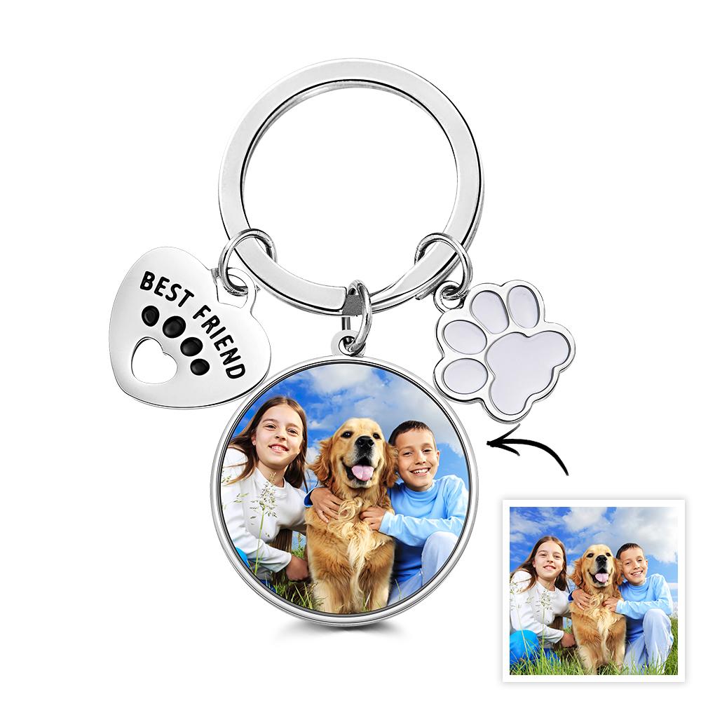 Personalised photo keyring attached to a handbag as a compact keepsake — ideal custom dog keyring and best friend gift