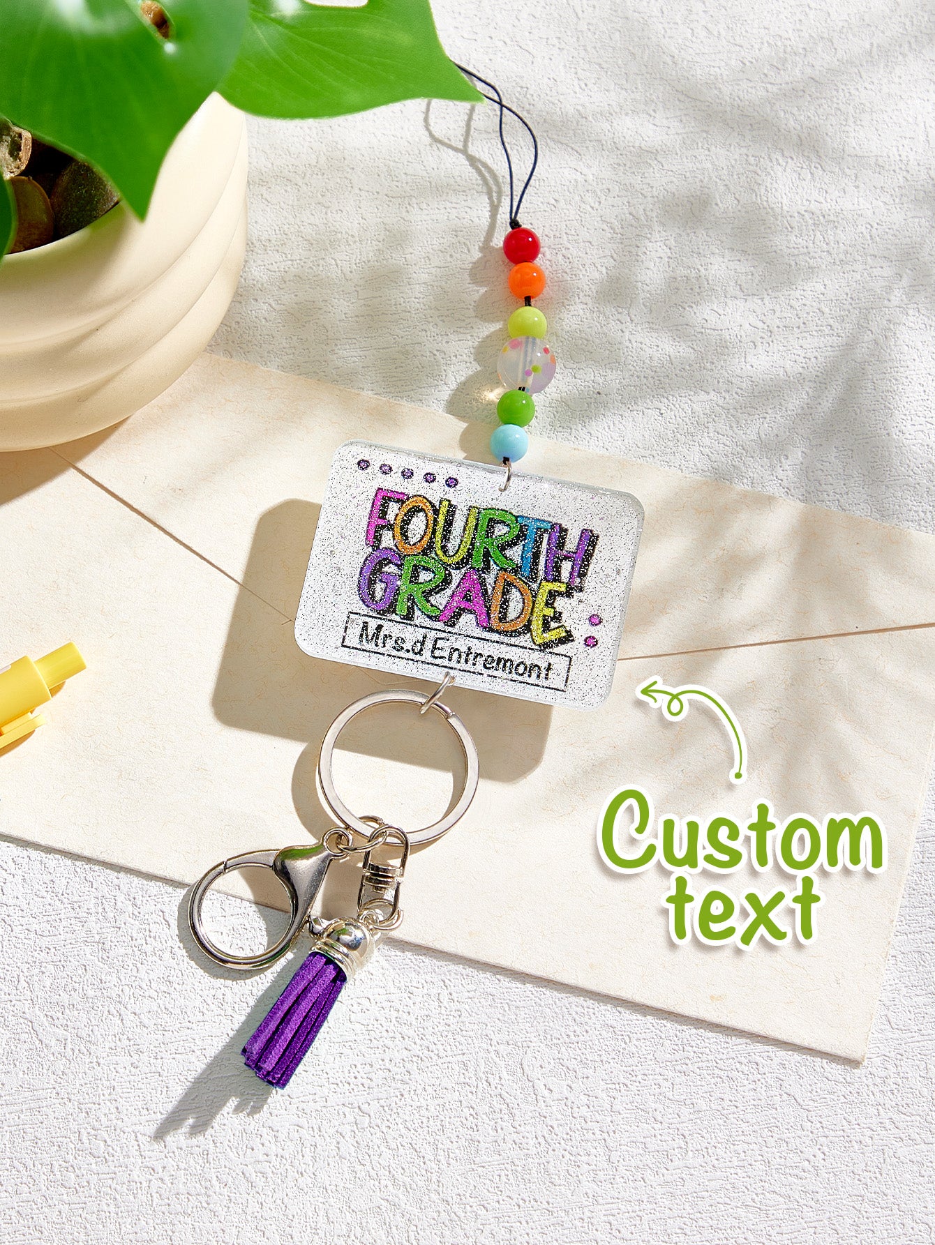 Detail of durable nylon thread and secure bead fastening on acrylic beaded lanyard — robust everyday teacher lanyard