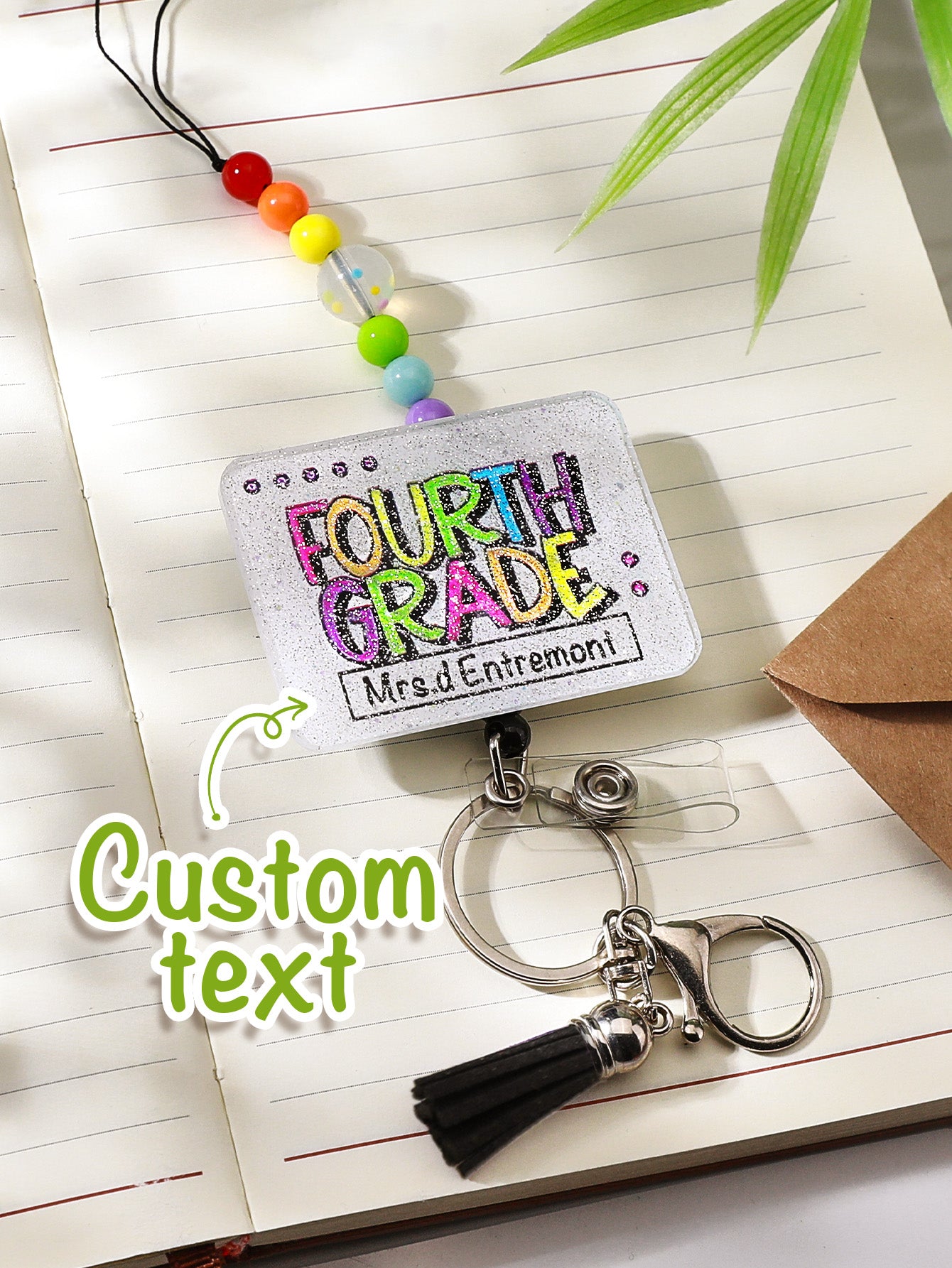 Alternative colour option of personalised glitter acrylic beaded lanyard flat-lay — teacher lanyard with name option