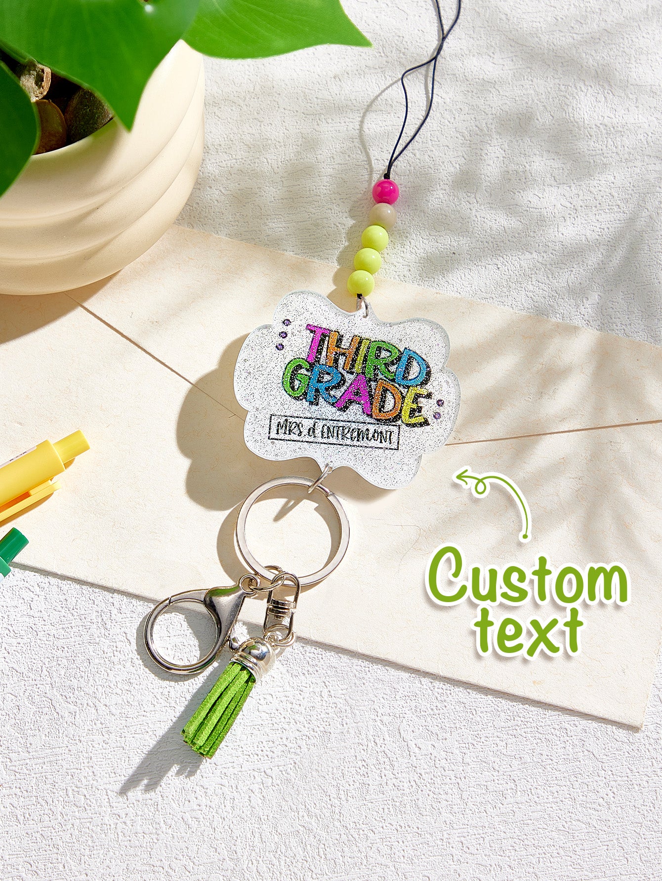 Lower keychain attachment open with keys attached on personalised lanyard — practical acrylic beaded lanyard for teachers