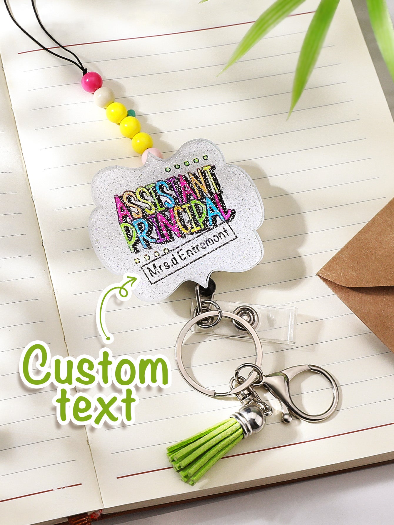 Hook and keyring mechanism close-up on personalised acrylic beaded lanyard — secure attachment for badges and keys