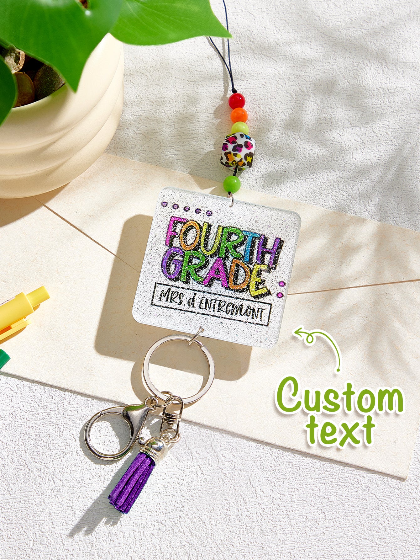 Front view of personalised name on glitter acrylic beaded lanyard — custom name lanyard for staff and students