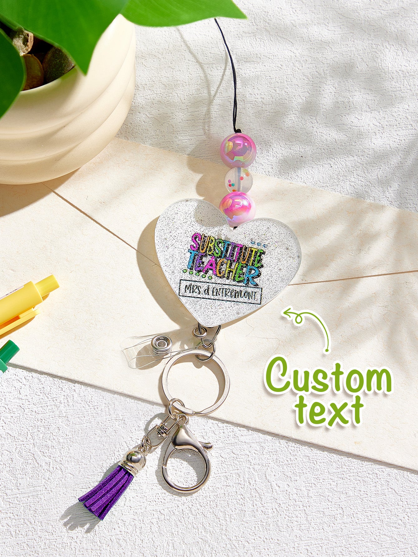 Personalised Glitter Acrylic Beaded Tassel Lanyard with Name (62cm) — Teacher & Graduation Gift