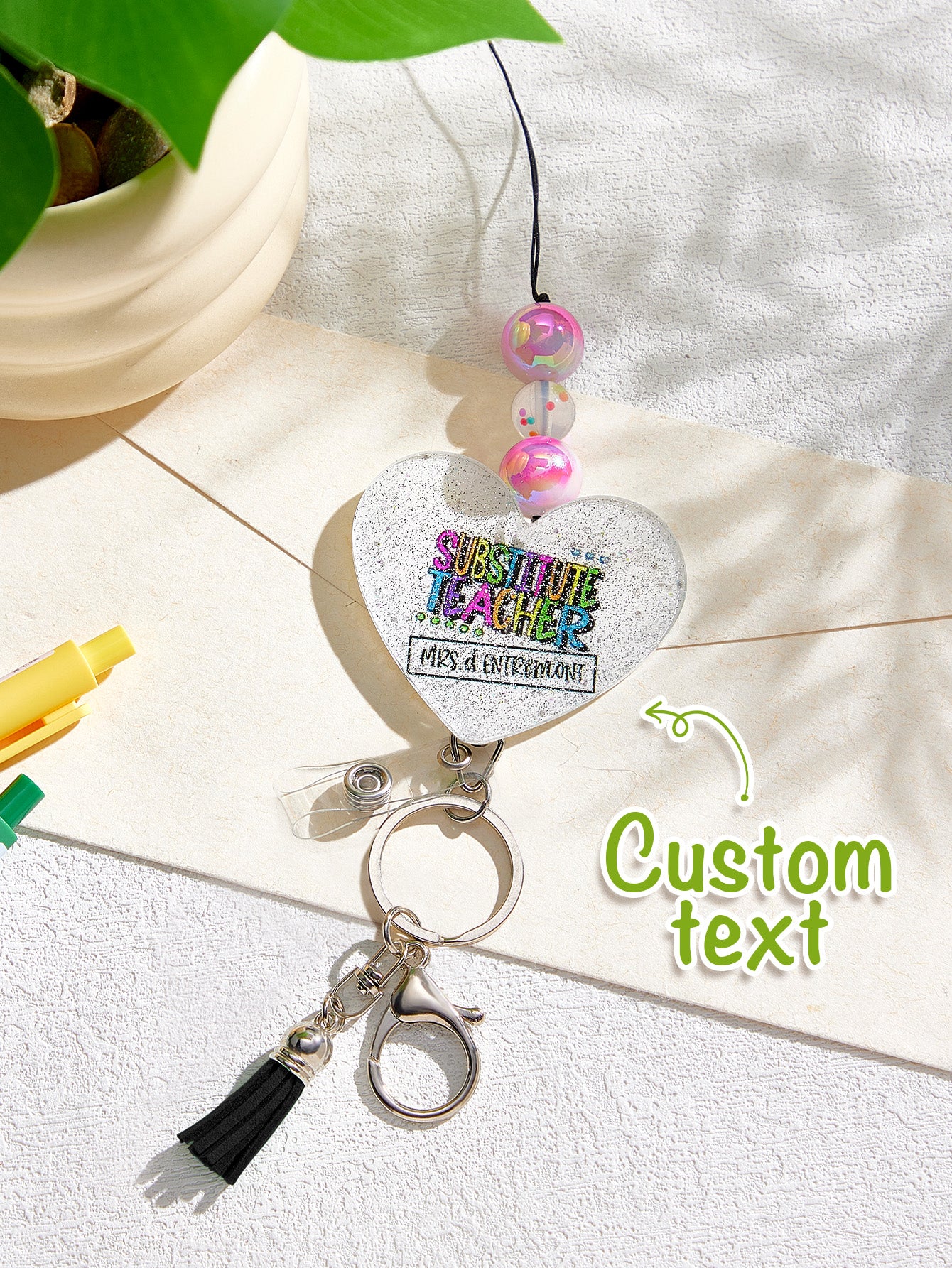 Personalised Glitter Acrylic Beaded Tassel Lanyard with Name (62cm) — Teacher & Graduation Gift