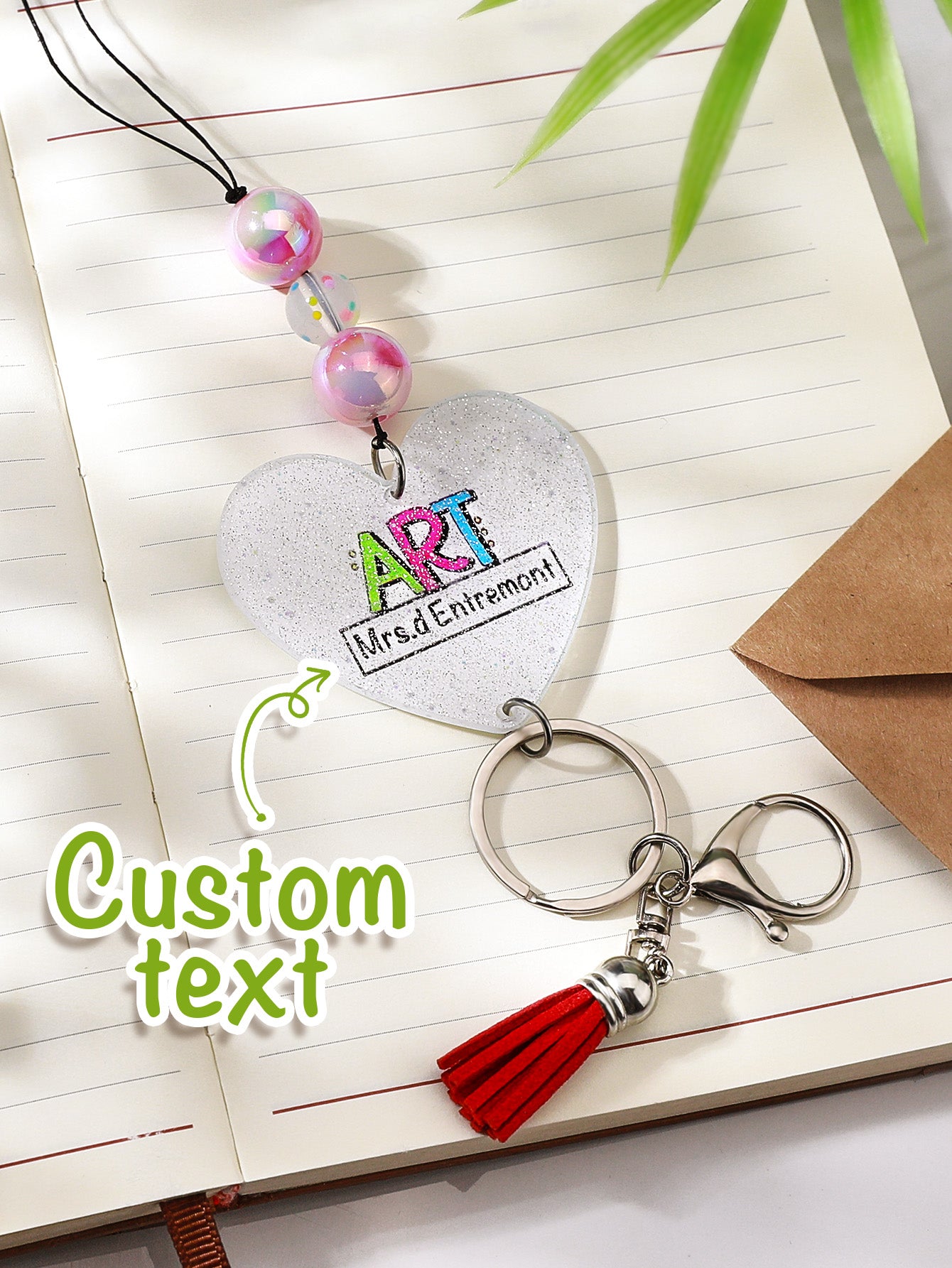 Product angle showing full lanyard length with tassel and keyring — 62cm personalised acrylic beaded lanyard