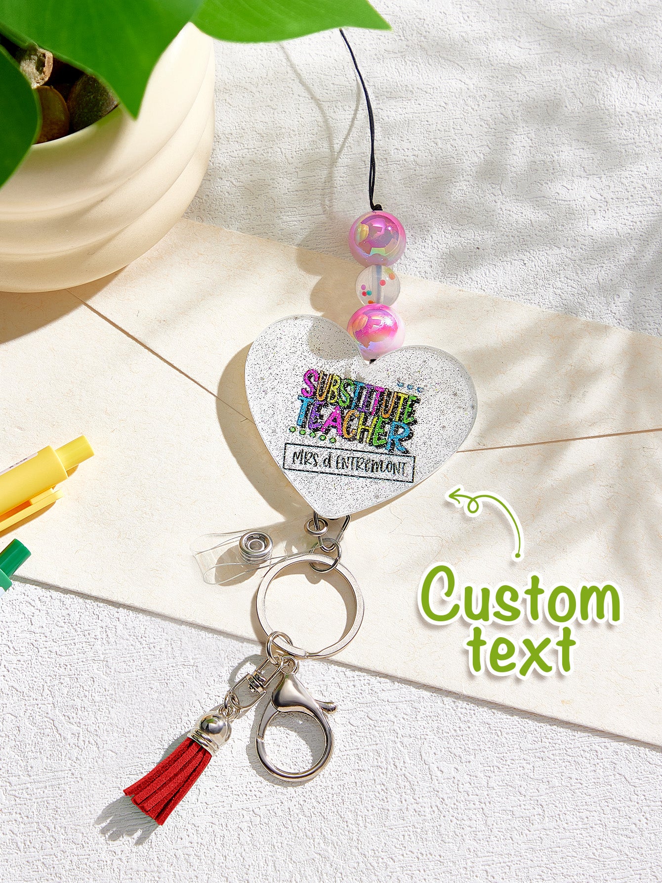 Personalised Glitter Acrylic Beaded Tassel Lanyard with Name (62cm) — Teacher & Graduation Gift