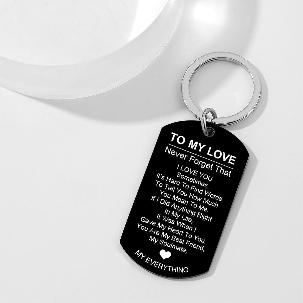 Close-up of engraved dog tag keyring showing crisp laser-engraved text and smooth mirror polish — personalised stainless steel dog tag keychain, ideal engraved keepsake