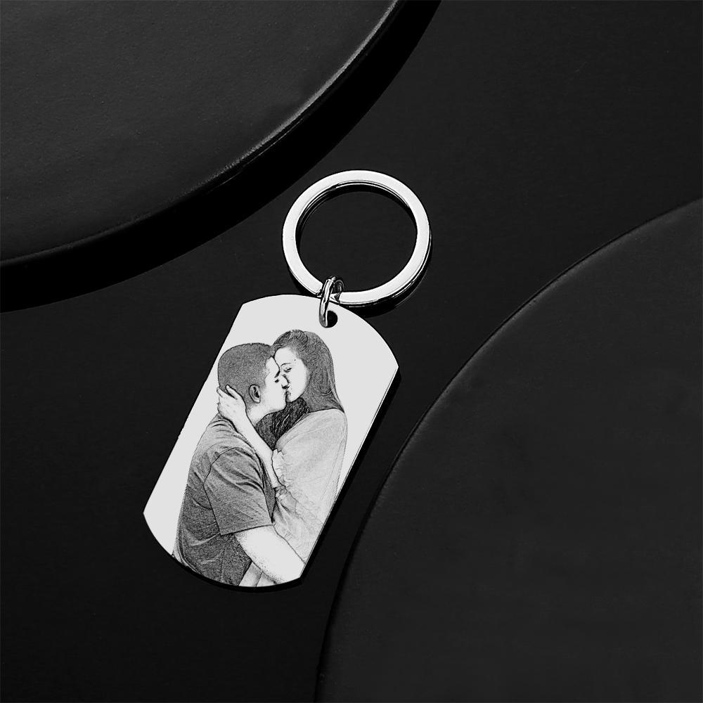 Custom stainless steel dog tag keychain attached to a set of keys — durable, wear-resistant personalised keyring perfect for weddings, memorials or everyday use