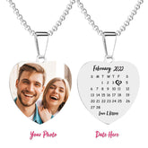 Personalised Heart Photo Calendar Necklace with Engraved Tag - Stainless Steel Gift for Her