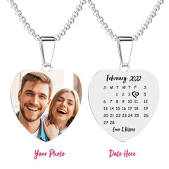 Personalised Heart Photo Calendar Necklace with Engraved Tag - Stainless Steel Gift for Her